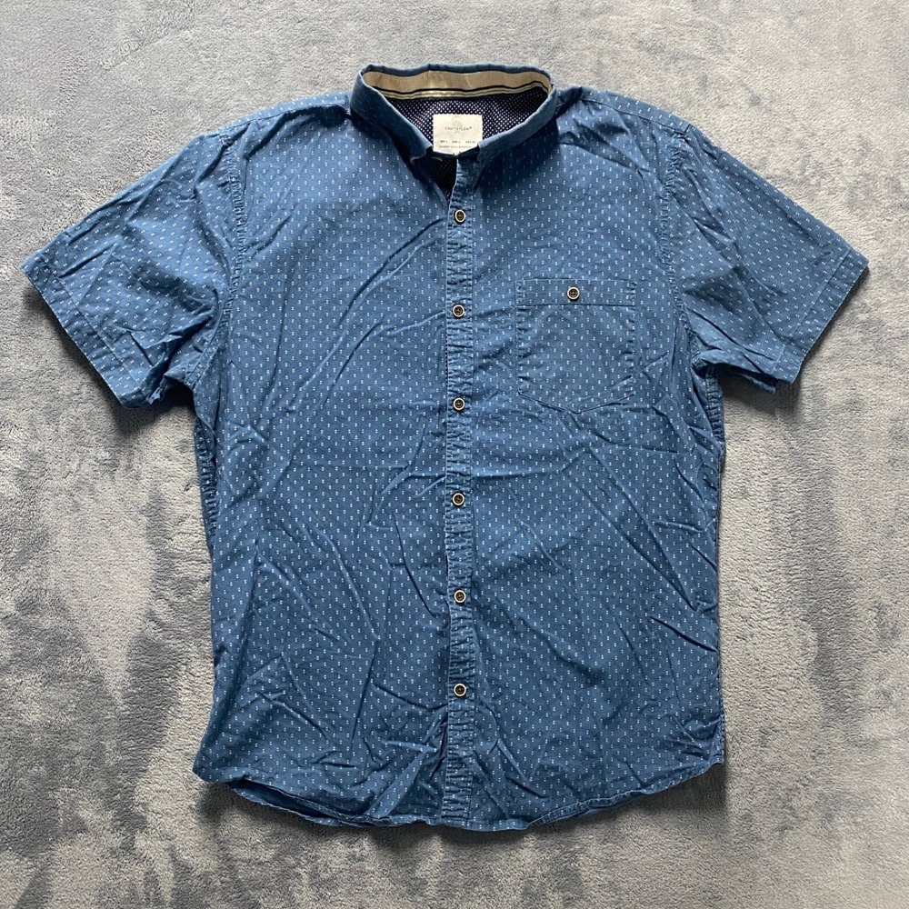 Craft + Flow Button Down Shirt Mens Large Blue Excellent Geometric Short Sleeve